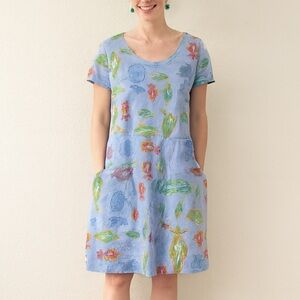 Vintage Fresh Produce Fish Print Shirt Dress Blue Artsy Teacher Vibe Large